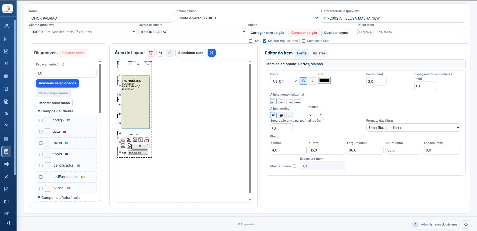 Tela de configuração de layout de etiqueta